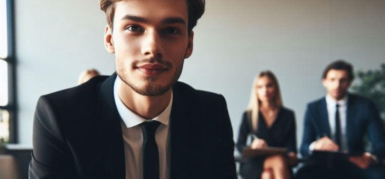 A confident man wearing a suit and tie in an interview, who is a part of a hiring strategy plan.