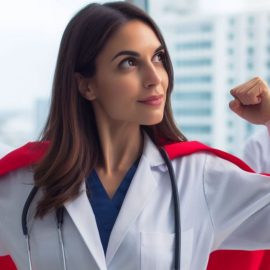 A doctor empowering herself by wearing a cape and doing a superhero pose.