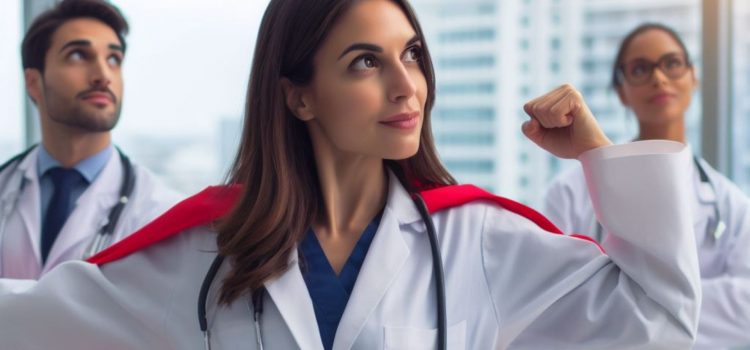 How to Empower Yourself: 3 Strategies to Take Back Control A doctor empowering herself by wearing a cape and doing a superhero pose.