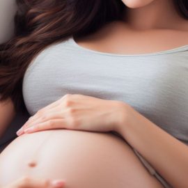 A woman becoming a first time parent as she holds her pregnant belly while lying down.