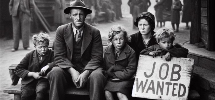 The Great Depression and the New Deal: A People’s History A poor American family holding a “Job Wanted” in the street sign illustrates history of the Great Depression and the New Deal