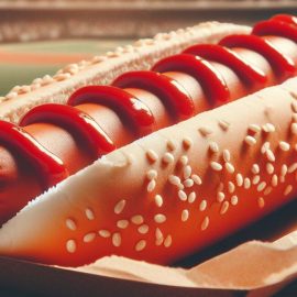 A hot dog with ketchup on it in the foreground of a baseball stadium.