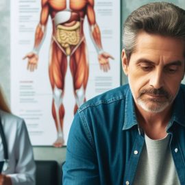 A man sitting at a doctor's office with a diagram of a man's body behind him.