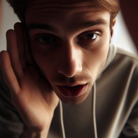 A man cupping his ear and listening to people while maintaining emotions in negotiations.