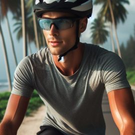 A man riding a bike down a road next to the beach and palm trees.