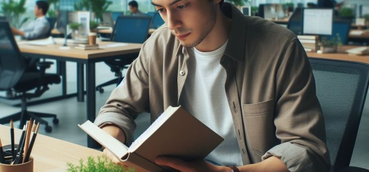 Scaling People: Book Overview (Claire Hughes Johnson) A young man reading a book at a desk in an office.