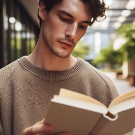 A man wearing a sweater and reading a book in an atrium