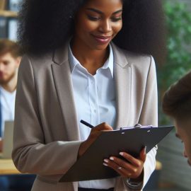 A female manager who knows how to write employee reviews, writing on a clipboard while evaluating a male employee.
