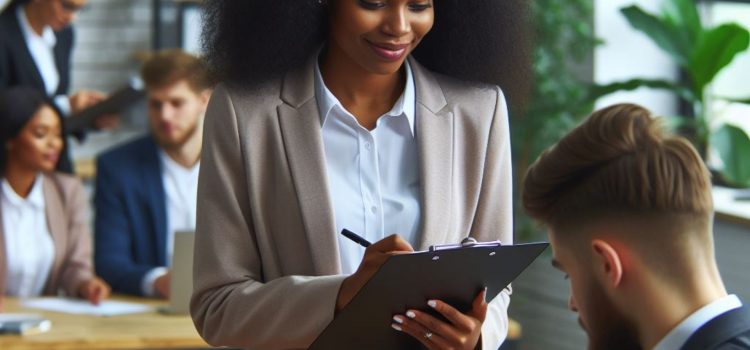 How to Write Employee Reviews: The 3 Parts of an Evaluation A female manager who knows how to write employee reviews, writing on a clipboard while evaluating a male employee.