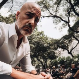 A serious middle-aged bald man sitting on a park bench illustrates concerns about estrogenic side effects