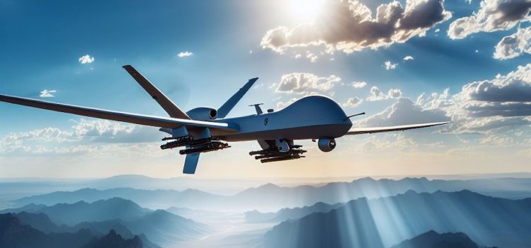 military drone with missiles flying over a mountainous area representing Ukraine’s drone attacks on Russia