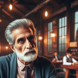 A white-haired bearded man sitting in a restaurant and listening to someone talk illustrates how to improve active listening