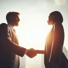 Two people trying to win a negotiation, shaking hands by a cityscape.