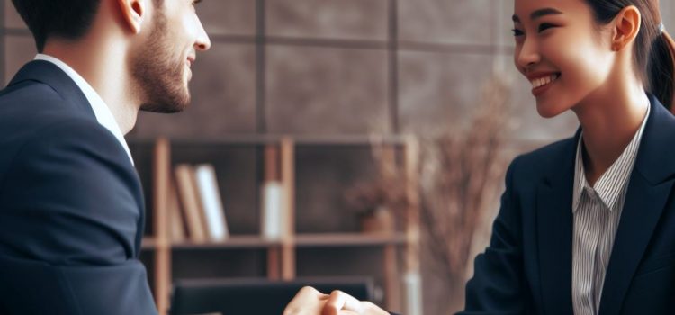 Two business people who are confident in negotiations shake hands.
