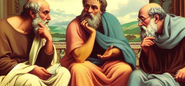 Stoic Training: 2 Methods to Prepare You for Real-World Challenges Three philosophers talking in ancient times and practicing Stoic training.