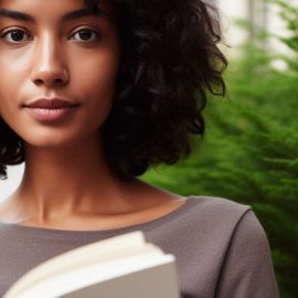 A young woman standing in the woods holds an open book