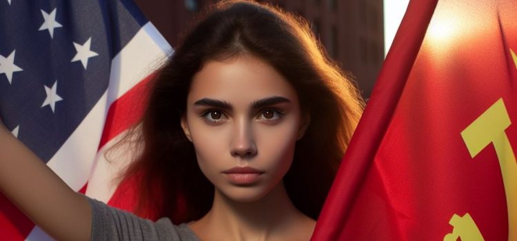 The Socialist Challenge: A History of Socialism in America woman holding an American (US) flag and a flag with a hammer and sickle illustrates the history of socialism in America