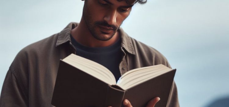 A young man reading a book outside