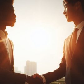 Two men who know how to please everyone, shaking hands with each other outside.