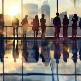 Silhouettes of business leaders standing in front of a window, representing a platform business model.