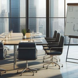 An empty conference room with a chart designed to teach people how to measure business performance.