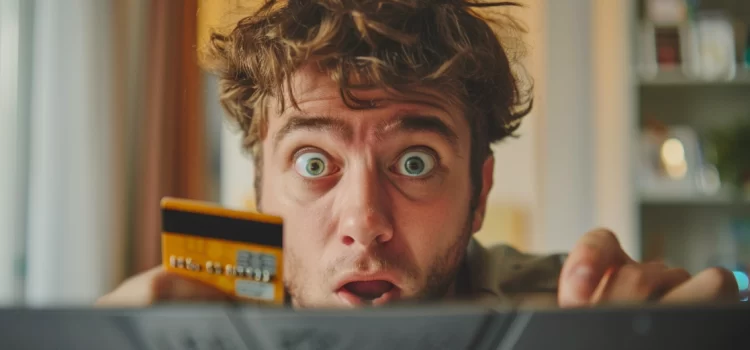 What Is Drip Pricing & How Is It Dangerous? A man holding a credit card in front of a computer screen who is shocked at drip pricing