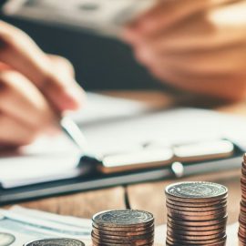 Person writing with stacks of coins demonstrating how to avoid irs red flags when filing your taxes