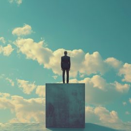 A businessman standing on a platform in the sky, representing the benefits of platforms.