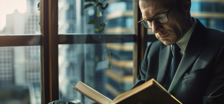 A manager reading a book against a window.