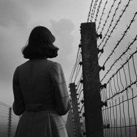 a woman by a tall barbed wire fence in the 1940s illustrates surviving the Holocaust and how to deal with survivor’s guilt