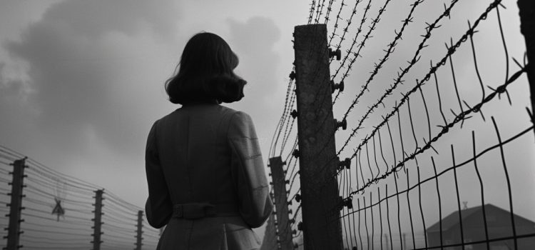 Surviving the Holocaust: How to Deal With Survivor’s Guilt a woman by a tall barbed wire fence in the 1940s illustrates surviving the Holocaust and how to deal with survivor’s guilt