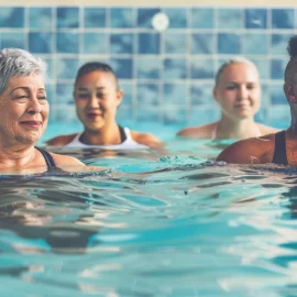 A group of older people participating in an aerobics class for an active retirement.