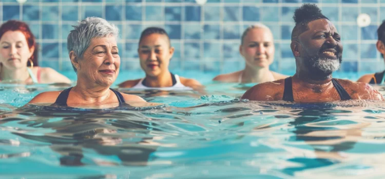 A group of older people participating in an aerobics class for an active retirement.