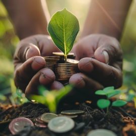 Two hands holding coins with a leaf sprouting out of them.