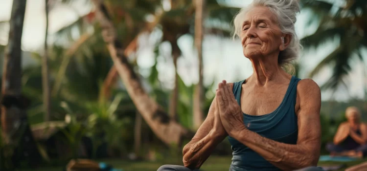 How You Can Use Retirement to Rediscover Yourself An older woman doing a yoga pose surrounded by palm trees rediscovering herself.