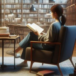 a young woman with a ponytail sits in a chair and reads a book in a library, surrounded by stacks of books