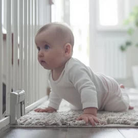 A baby crawling on the floor behind a baby gate, thanks to parents who followed newborn safety tips.