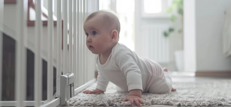 4 Newborn Safety Tips: Childproofing, Bathing, and More A baby crawling on the floor behind a baby gate, thanks to parents who followed newborn safety tips.