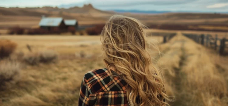 the back of a blonde girl looking at a ranch in the distance in Wyoming