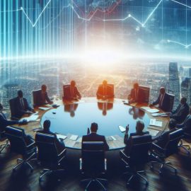 businessmen at a conference table in front of a cityscape overlaid with graphs depict the impact of COVID-19 on businesses