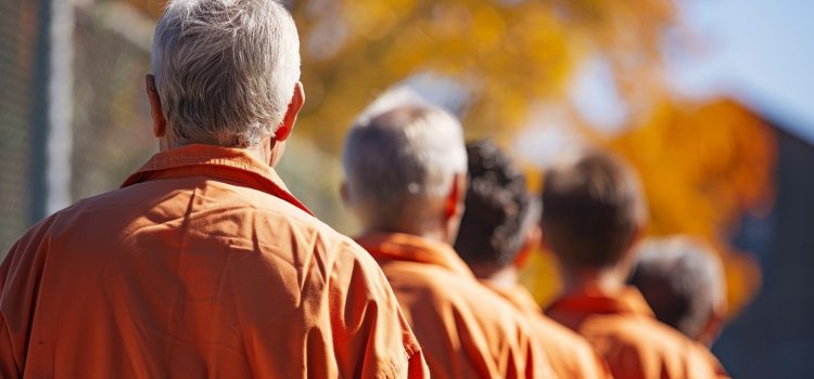 A family who did crime standing outside behind a fence in orange jumpsuits.
