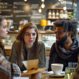 five demographically diverse people engage in political discourse in a coffee house