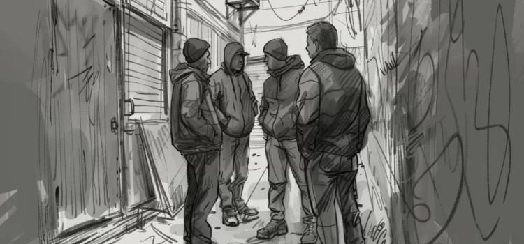 How Sudhir Venkatesh Won a Gang’s Trust & Managed the Risks a sketch of four gang members wearing winter clothes talking in an alley in a city