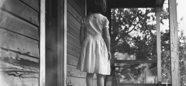 What Was Wrong With Gertrude Baniszewski? a young girl seen from behind stands on the porch of a humble house during the Great Depression