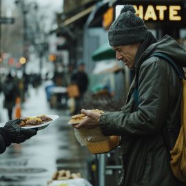 A man demonstrating why we should help homeless people by giving them food on the street.