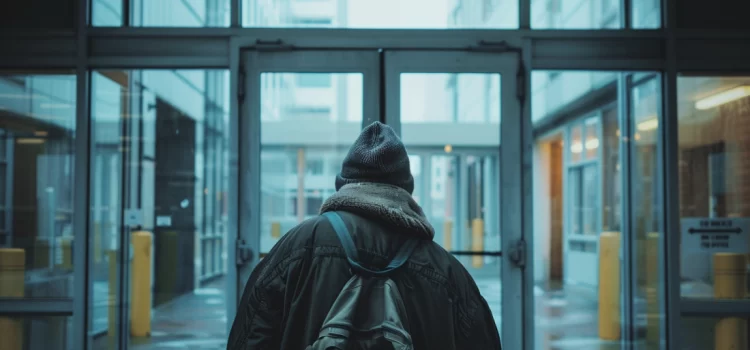 Healthcare Challenges When Helping the Unhoused Population A homeless person experiencing a healthcare challenge as they look inside a hospital through a glass door.