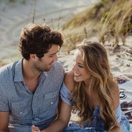 A man and women on a blanket at the beach, showing how to connect with a woman
