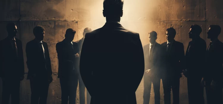 Why Psychopathic Leaders Are Common in Politics & Business In a dark room, one man stands in front his employees, signifying a psychopathic leader
