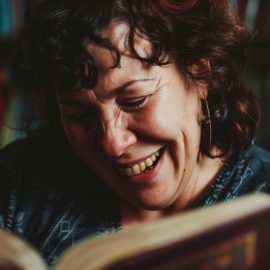a middle-aged woman smiles and reads a book in a library or bookshop