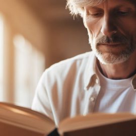 an older man with grey hair and a beard is reading a book next to a window